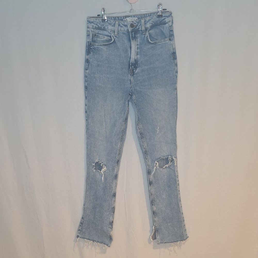 Zara Light Blue Distressed Straight Leg Jeans